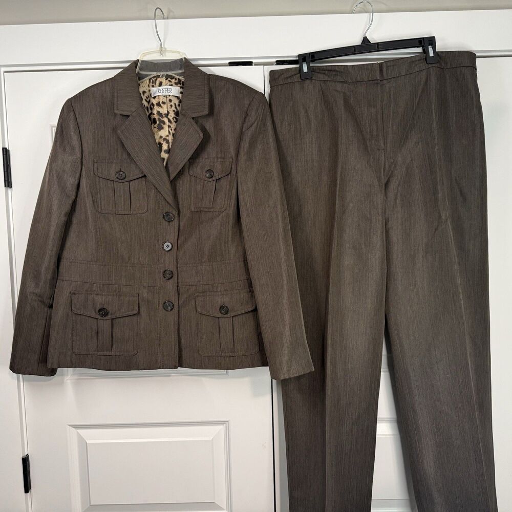 Kasper Womens Brown Pantsuit Size 16 2pc Blazer Pants Set Leopard Lined Career